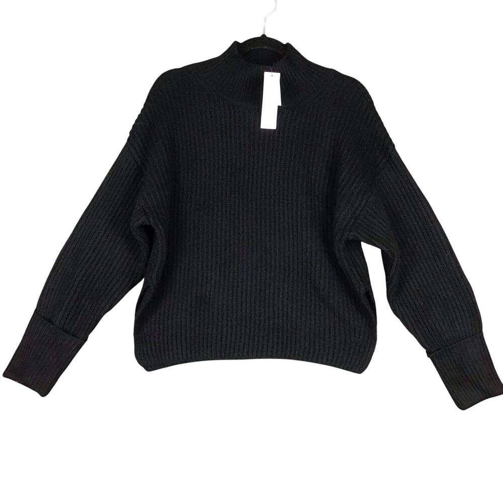 Topshop Black Mock Neck Ribbed Knit Sweater Small 4-6 Cropped Split Hem